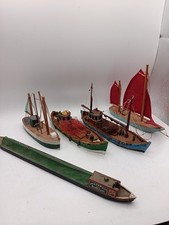 Listing image for Job Lot 5 Vintage Handcrafted Wooden Model Boats Fishing Trawler Canal Barge